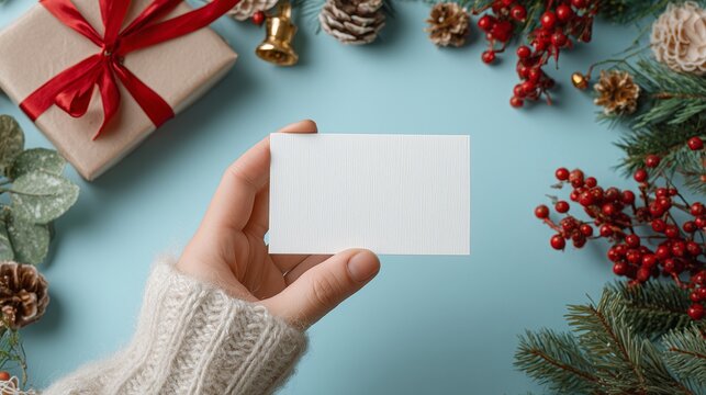 A close-up of a hand holding a blank white card in the center, surrounded by Christmas-themed decorations including a wrapped gift with a red ribbon, red berries, golden bells, and paper ornaments 