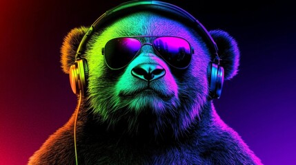 Energetic DJ Bear with Kaleidoscopic Lights, Dancing to Electrifying Beats in a Colorful Scene