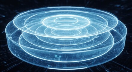 Futuristic holographic data rings forming a layered digital interface in glowing blue technology style.