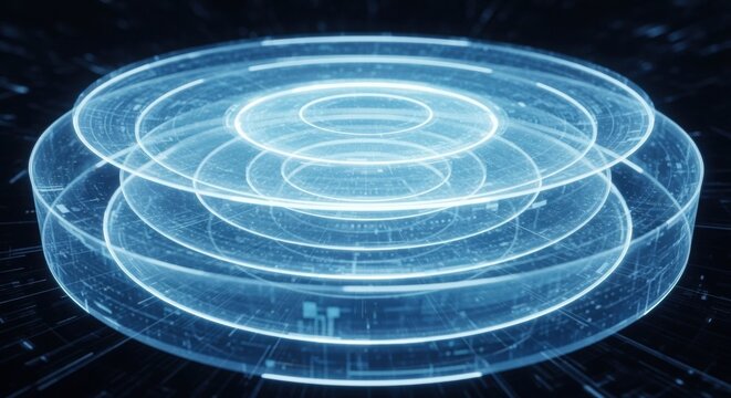 Futuristic holographic data rings forming a layered digital interface in glowing blue technology style.