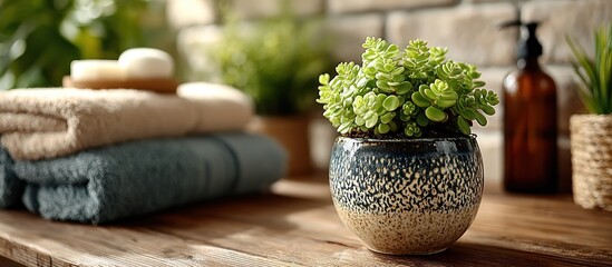 A spa-like scene with towels, a plant, and a soap dispenser