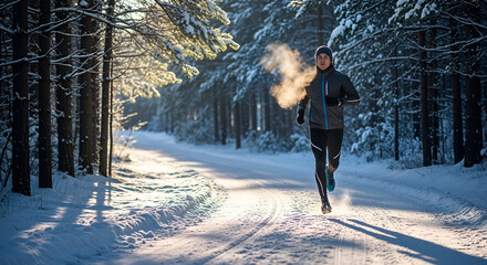 Naklejka premium Jogger in winter gear athletic man jogging on snowy forest road in cold weather, visible breath in frosty air, wearing thermal running clothes, concept of healthy lifestyle, endurance and motivation