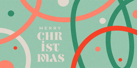 Christmas banner with abstract circles and rings in soft mint and red tones. Modern geometric holiday style with textured surface and elegant festive typography