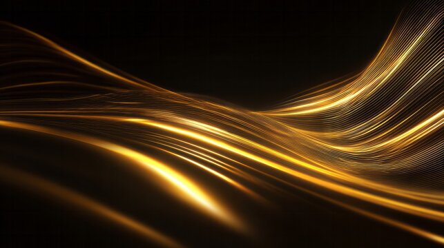 Brilliant golden luminous streams flow across a dark background in a dynamic abstract composition.