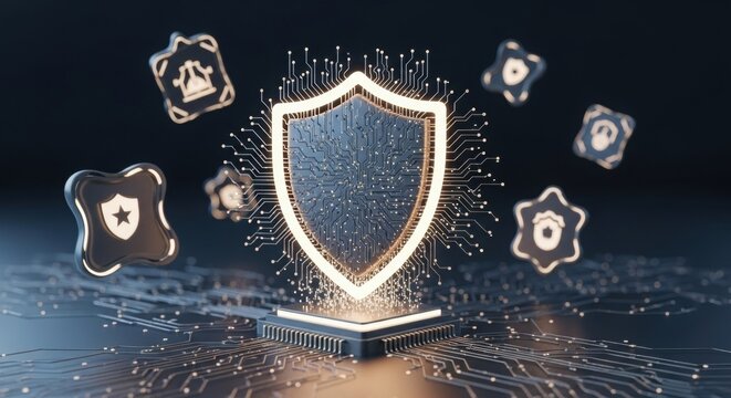Glowing shield made of digital circuitry hovering above a processor symbolizing advanced cybersecurity protection.