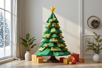 modern stacked layer christmas tree with polygon edges and soft cinematic lighting.