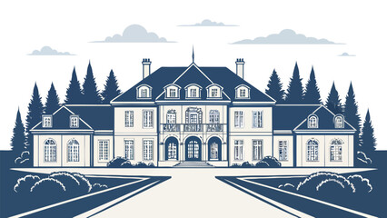 Elegant mansion nestled among towering trees creates a sense of luxury, perfect for real estate advertising or historical architectural illustration