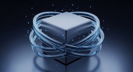 Metallic cube encircled by glowing rings symbolizing quantum computing energy and futuristic data processing.