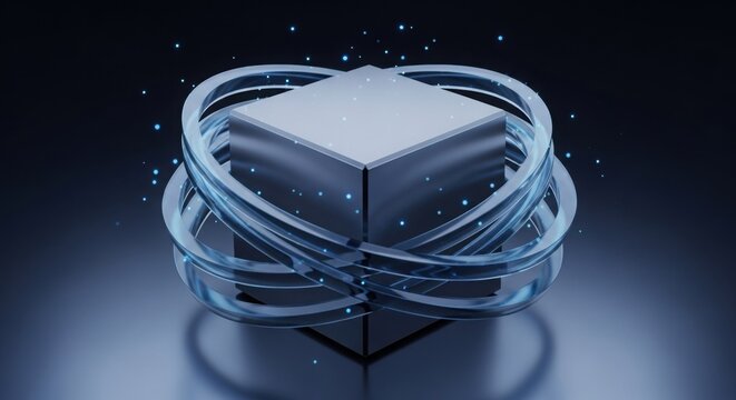 Metallic cube encircled by glowing rings symbolizing quantum computing energy and futuristic data processing.