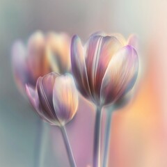 Abstract tulips on a blurred gradient background in pastel tones with a soft accent, vintage composition with large strokes