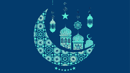 Crescent moon with islamic architecture and stars