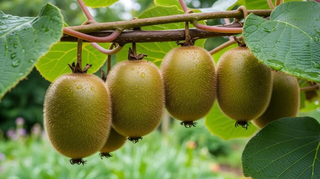 Ripe fuzzy kiwi fruits hanging from vine branch with water droplets on leaves and fruit in lush 4K Ai HD high quality video.
