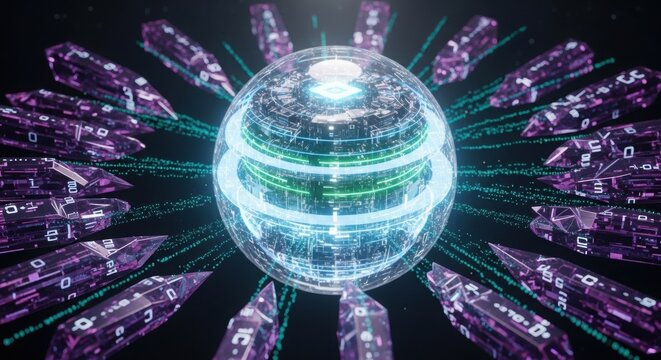 Digital sphere surrounded by crystal data shards, illustrating global data exchange and futuristic information flow. - Powered by Adobe