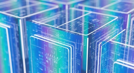Transparent tech blocks with glowing circuit patterns representing digital architecture, data storage, and innovation in computing.