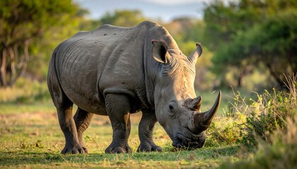 Fototapeta premium Majestic White Rhinoceros Grazing in African Savanna at Golden Hour.