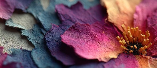 Close-up of layered petals in vibrant colors, forming a flower
