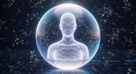 A glowing digital human figure inside a translucent sphere surrounded by network connections in a futuristic cyber space.