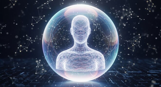 A glowing digital human figure inside a translucent sphere surrounded by network connections in a futuristic cyber space.