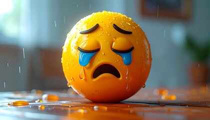 A yellow, rounded sad face emoticon weeps blue tears on a shiny orange surface, against a blurred bright backdrop