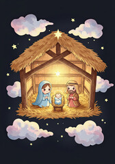 Nativity scene with woman Mary, man Joseph, and baby Jesus in a manger. Christian Christmas concept ideal for greeting card.