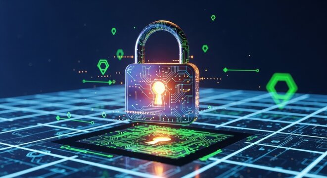 A glowing digital padlock hovering over a circuit board, symbolizing cyber defense and encrypted data protection.
