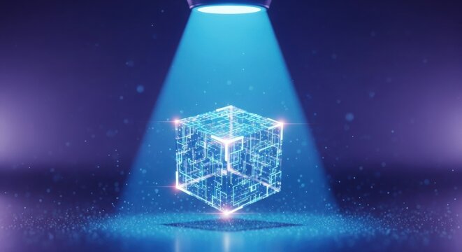 A glowing digital cube under a spotlight, representing advanced data processing, blockchain systems, and futuristic computation.