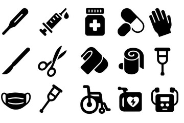 Fototapeta premium Medical Tool Icons. Solid style icons of Medical tools: thermometer, syringe, pill bottle, capsule, scalpel, surgical scissors,