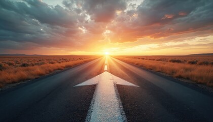 Open road with arrow pointing forward towards the sun. Asphalt highway leads through dry grass fields under dramatic clouds. Driving towards bright future, destination, success.