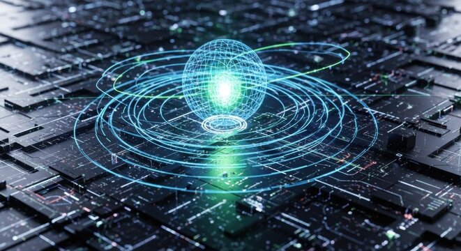 Quantum sphere emitting glowing rings atop a digital circuit grid, symbolizing advanced computing and high-tech intelligence.