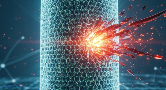 Nanotech honeycomb shield hit by a powerful energy burst, representing defense, impact resistance, and advanced technology.