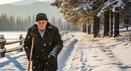 Old man walking on snow path elderly man with cane walking along snowy path between fence and forest at winter sunset, gentle snowfall, concept of aging, resilience, loneliness and quiet reflection