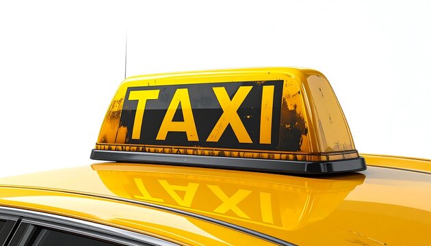 A yellow taxi roof light with black lettering against a white backdrop reflecting on top of the car
