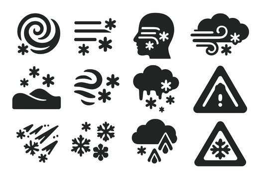 Winter Weather Icons. Solid style icons of blizzards and snowstorms: swirling blizzard icon, wind and snow symbol, reduced