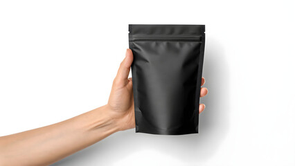 Elegant hand showcasing sleek black pouch for modern branding, ideal for food, cosmetics, or retail packaging solutions, design mockups