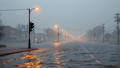 floating traffic lights and street lamps above massive floodwaters, foggy ambiance.