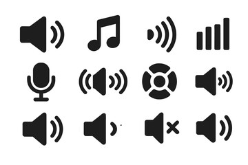 Sound Icon Collection. Solid style icons of Sound: speaker sound, music note sound, sound waves, audio equalizer, microphone sound
