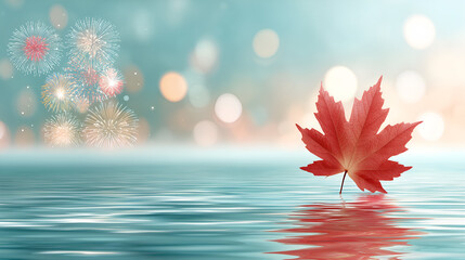 Celebrate Canada's beauty with a vibrant maple leaf and dazzling fireworks over serene water reflections, ideal for patriotic themes or holiday events