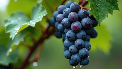 Close up photo of fresh ripe grapes covered in water drops. Green leaves in background. Harvest time concept. Healthy organic fruits ready to be eaten.