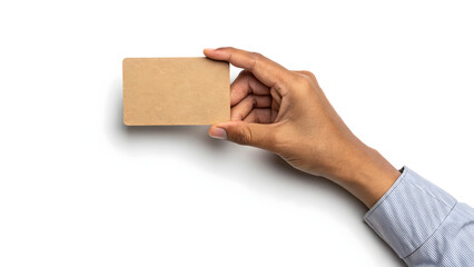 Craft paper card presented by hand, ready for your personalized message or design, for marketing campaigns or special promotions