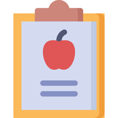 Clipboard with a red apple icon and two blue lines on a light blue paper with a yellow border on a transparent background representing health and nutrition notes