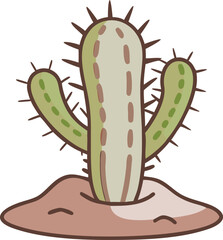 Two-Armed Saguaro Cactus Icon Planted in Ground, Simple Vector Illustration for Desert, Western, or Succulent Theme