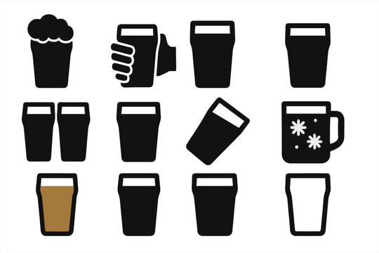 Variety of Pint Icons. Solid style icons of Pints: pint with foam, pint in hand, full pint, half pint, double pint, empty pint,