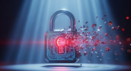 A digital padlock exploding into fragments, symbolizing cybersecurity breach, hacking threat, and system vulnerability.