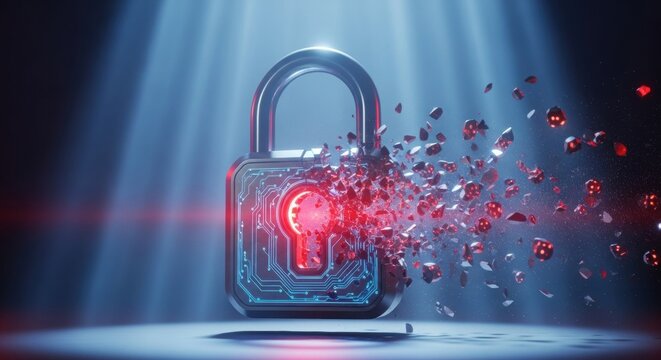 A digital padlock exploding into fragments, symbolizing cybersecurity breach, hacking threat, and system vulnerability.