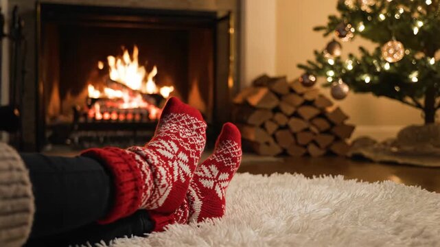 Cozy Christmas Morning 4K Video Feet in Festive Socks by a Warm Fireplace with Decorated Tree