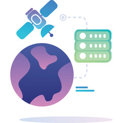 Global communication network connecting Earth satellite and data servers with gradient blue purple and green colors on transparent background digital art concept