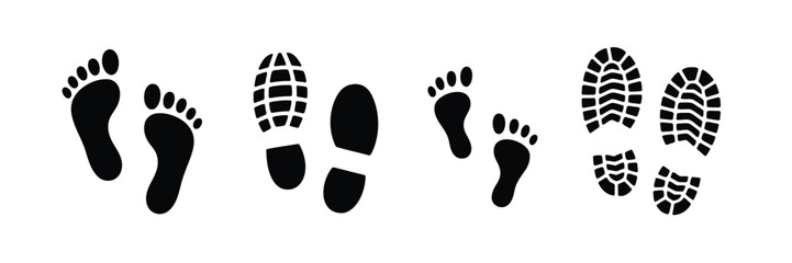 Footprint silhouettes showing human steps, infant foot marks, and walk patterns rendered in minimal vector style suitable for logos, signs, and modern design projects