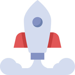 Flat Design Illustration of a Light Blue and White Rocket Ship Launching with Red Fins Emitting...