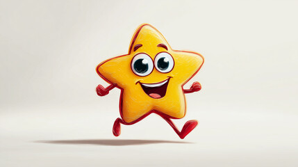 Fototapeta premium A cheerful yellow star mascot runs forward with a wide grin, red shoes, and bright eyes. This playful cartoon character evokes energy, joy, and kid-friendly fun suitable for family, education