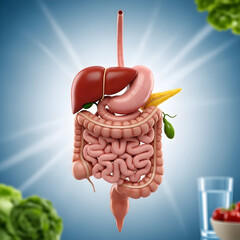 Examining Human Digestive System Diagram with Healthy Food